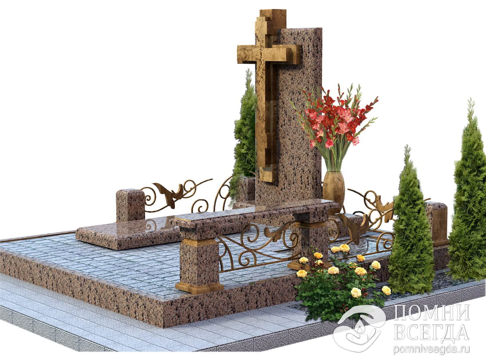 Памятник на одного покойного с фигурой креста и лавочка на комбинированной оградке